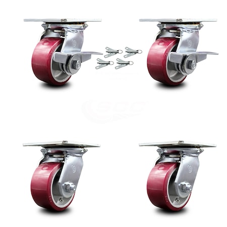 Service Caster 4 Inch Poly on Aluminum Caster Set with Roller Bearing 4 Swivel Lock and 2 Brake SCC-35S420-PAR-SLB-BSL-2-BSL-2